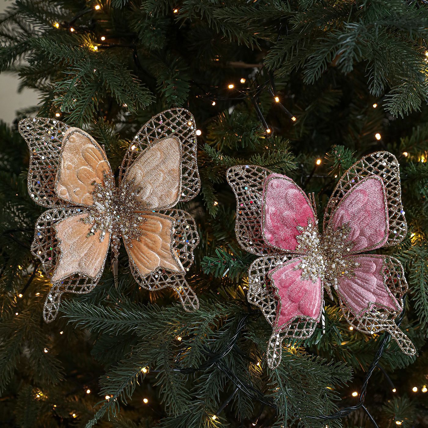 Nuevo arco de tela agujero clip de tela de lana de doble capa colgante de polvo pegajoso flocado diseño de decoración de árbol de Navidad