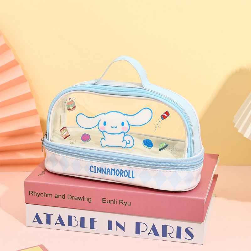 Cartoon Sanrio estuche para lápices estilo ins portátil de doble capa transparente de gran capacidad lindo bolso de papelería tridimensional Kulomi