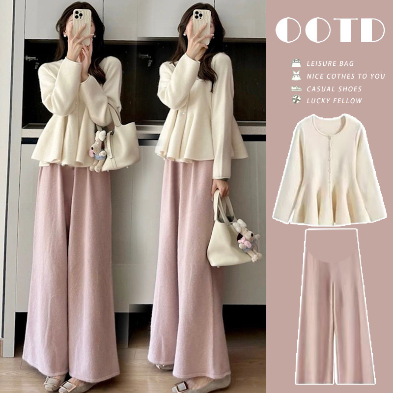 In-Stock Maternity Wear New Trendy High-End Sweater Knit Belly-Covering Slimming + Cashmere Wide-Leg Pants Two-Piece Set
