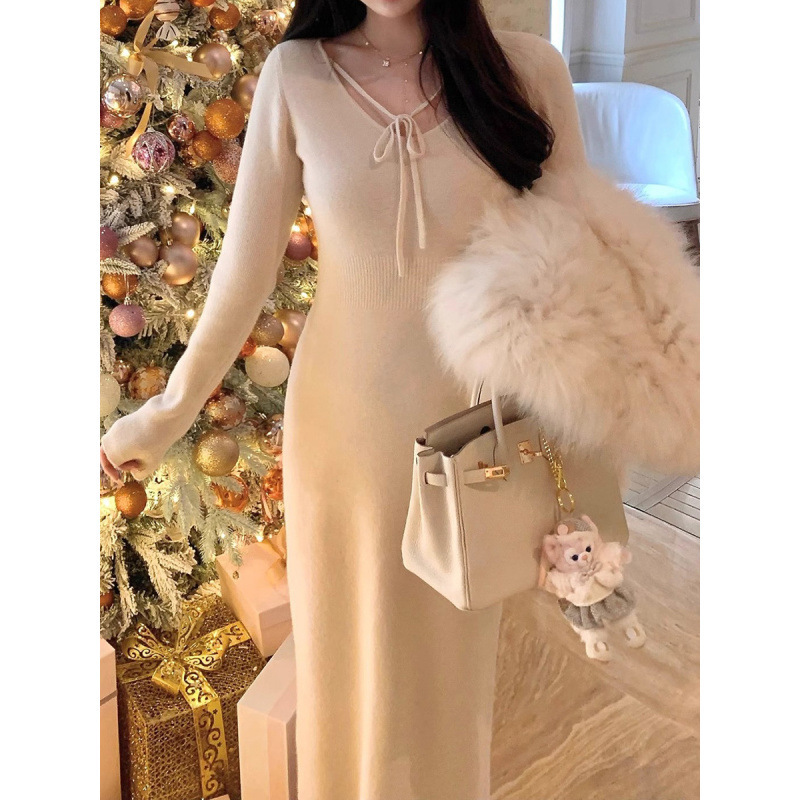 Just One Look Makes Your Heart Flutter Camel Velvet Rabbit Velvet Wool Lace-Up Knitted Dress Women's Winter New Sweater Dress