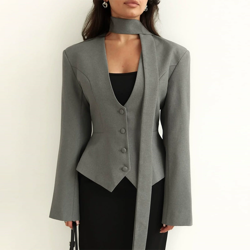 Women's V-neck Jacket with Long Scarf, European City Style, Long Sleeves (S–2XL)