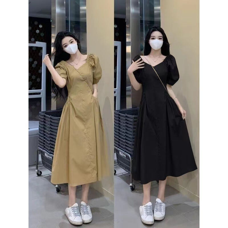 French Style Hepburn Style V-neck Puff Sleeve dress Women's Summer plus size chubby girl Tight Waist Slimming Over-the-Knee A- Line Long Dress
