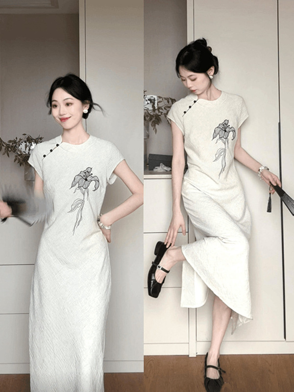 新中式国风短袖旗袍连衣裙女夏季新款气质高级感长裙子|undefined