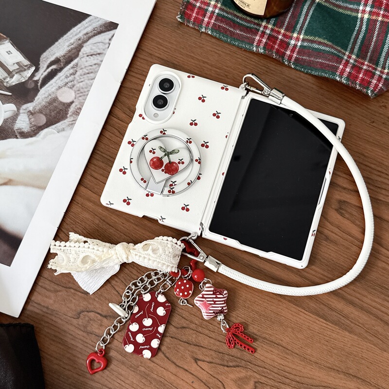 Korean and Japanese style cherry pattern case for Samsung ZFold8 wide foldable screen phone, ZFlip8 magnetic stand protective cover Korean and Japanese style cherry pattern case for Samsung ZFold8 wide foldable screen phone, ZFlip8 magnetic stand protective cover