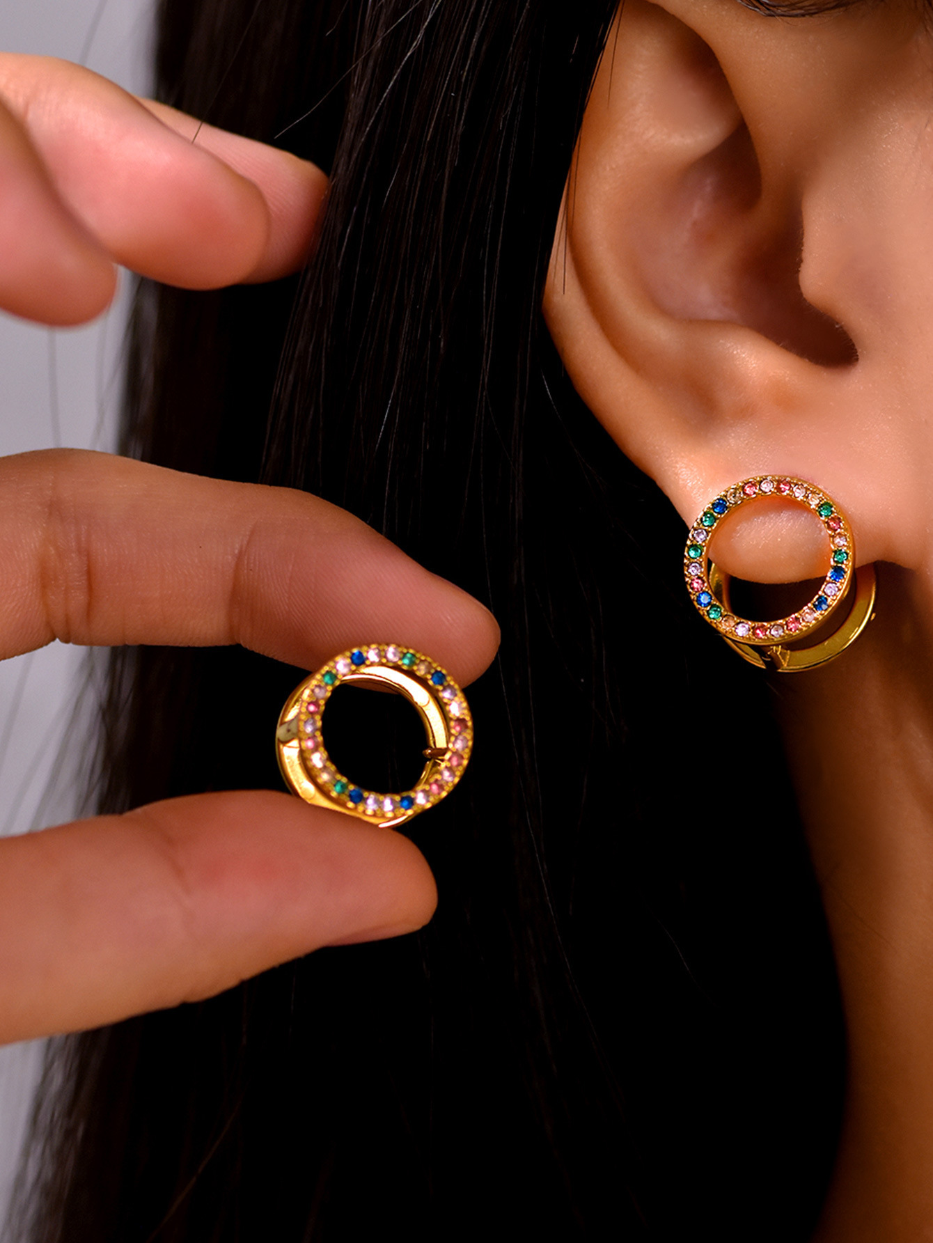 Square Zircon Double Sided Stud Earrings In Gold Stainless Steel_voghion.com