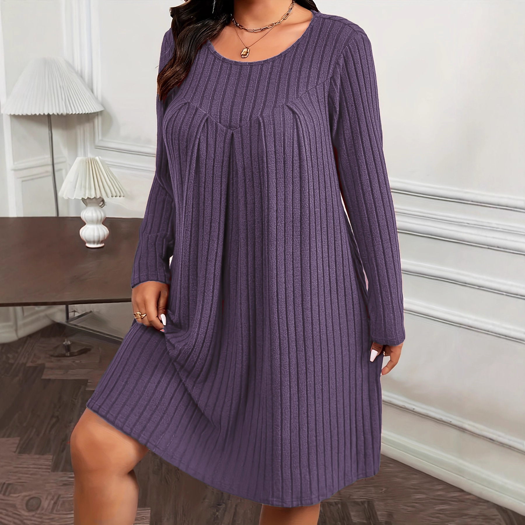 2025 European and American Cross-Border New Autumn Casual Simple Style Straight Skirt Brushed Pit Pleated Round Neck Pure Color