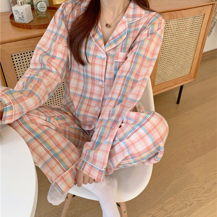 Estilo coreano pijamas de las mujeres a cuadros lindo primavera y otoño invierno cardigan solapa manga larga Comercio exterior vestir prendas exteriores homewear traje