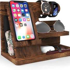 实木办公室多功能桌面充电手机支架木质手机钥匙扣钱包手表收纳架