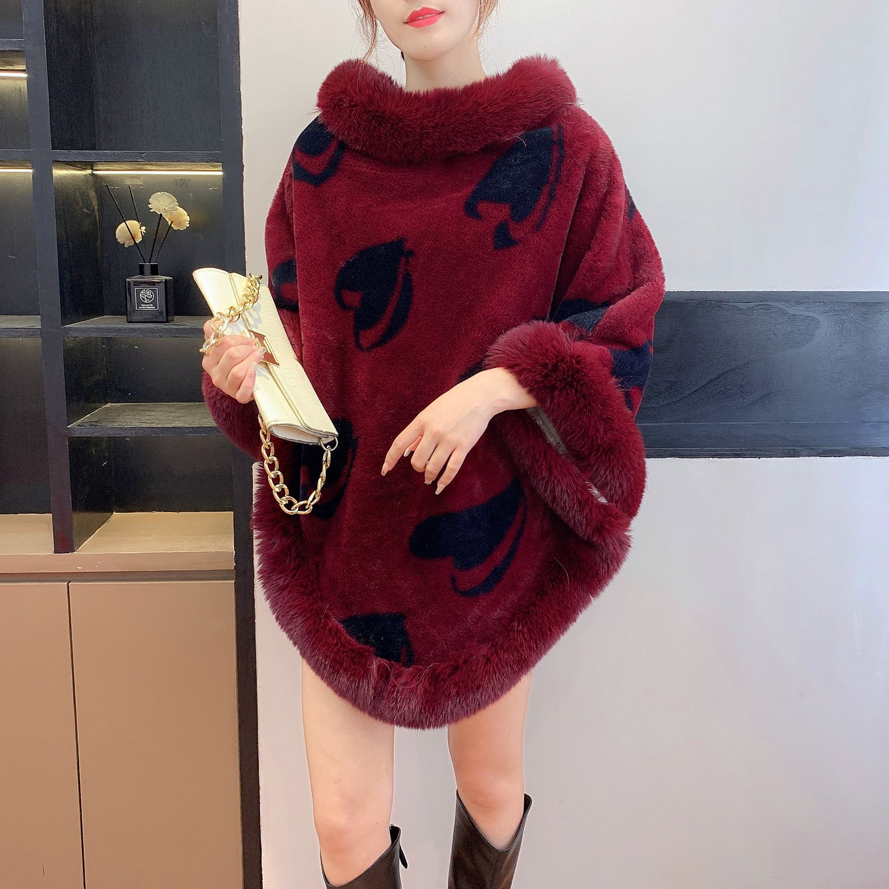 2025 otoño e invierno nuevo estilo ropa de mujer europea y americana Amazon crossover felpa amor estampado jersey moda de manga larga para mujer todo fósforo