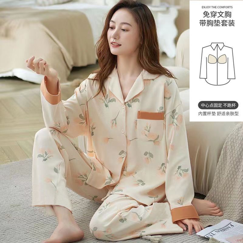 Pijama con cojín de pecho para mujeres primavera y otoño mangas largas 2023 nuevo conjunto de ropa de casa de otoño para mujeres