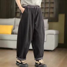 冬季新款 加绒休闲裤设计感格子拼接显瘦宽松裤子女5860