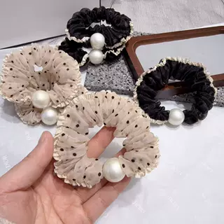 【实拍】高级感百搭扎头发法式边褶皱花边波点网纱珍珠小肠发圈