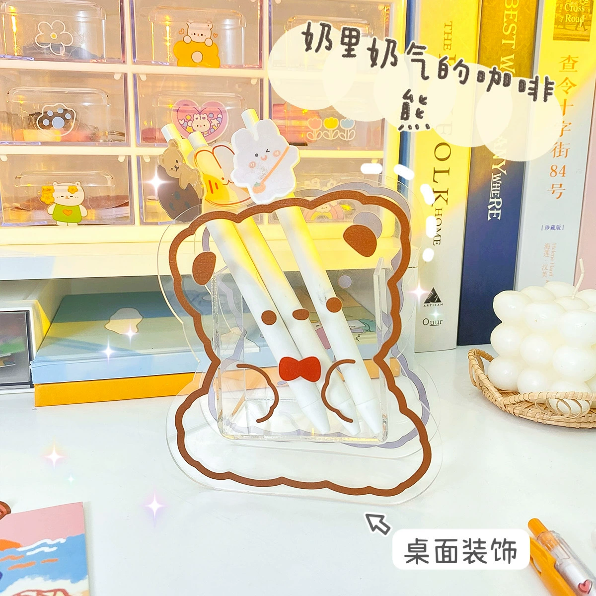 Acrylic cute table pens holder, stationery for elementary school students, brush, storage box, with little bears