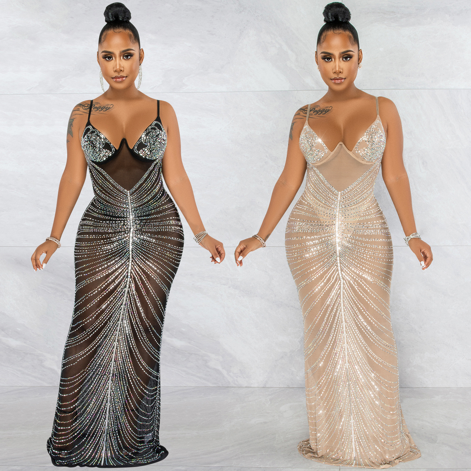 X5618 AliExpress Amazon moda nueva caliente rhinestone sexy Sling envuelto pecho malla ver a través del vestido