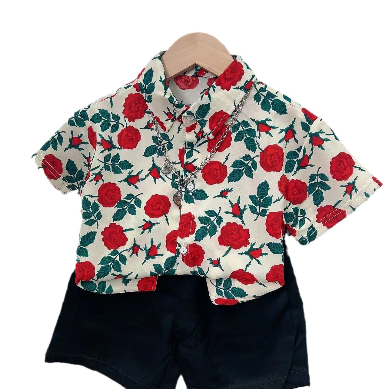 Ropa para niños, traje de camisa de flores de estilo coreano para niños, flor rosa, tesoro para hombres, camisa de manga corta de estilo retro francés de dos piezas para niños