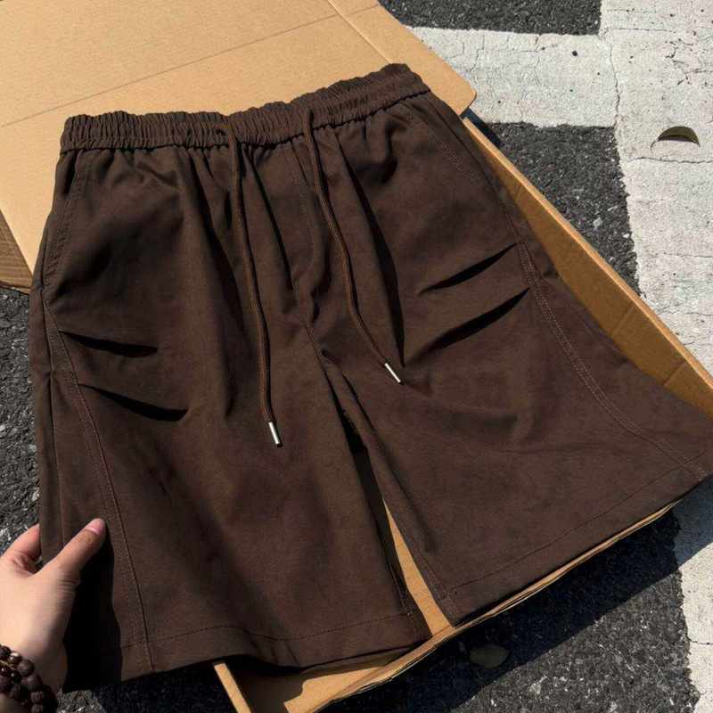 Brown Tie-Dye Dark Pattern Workwear Shorts for Men, Summer Pleated Design Straight-Leg Pants with Drawstring, Casual Five-Point Shorts