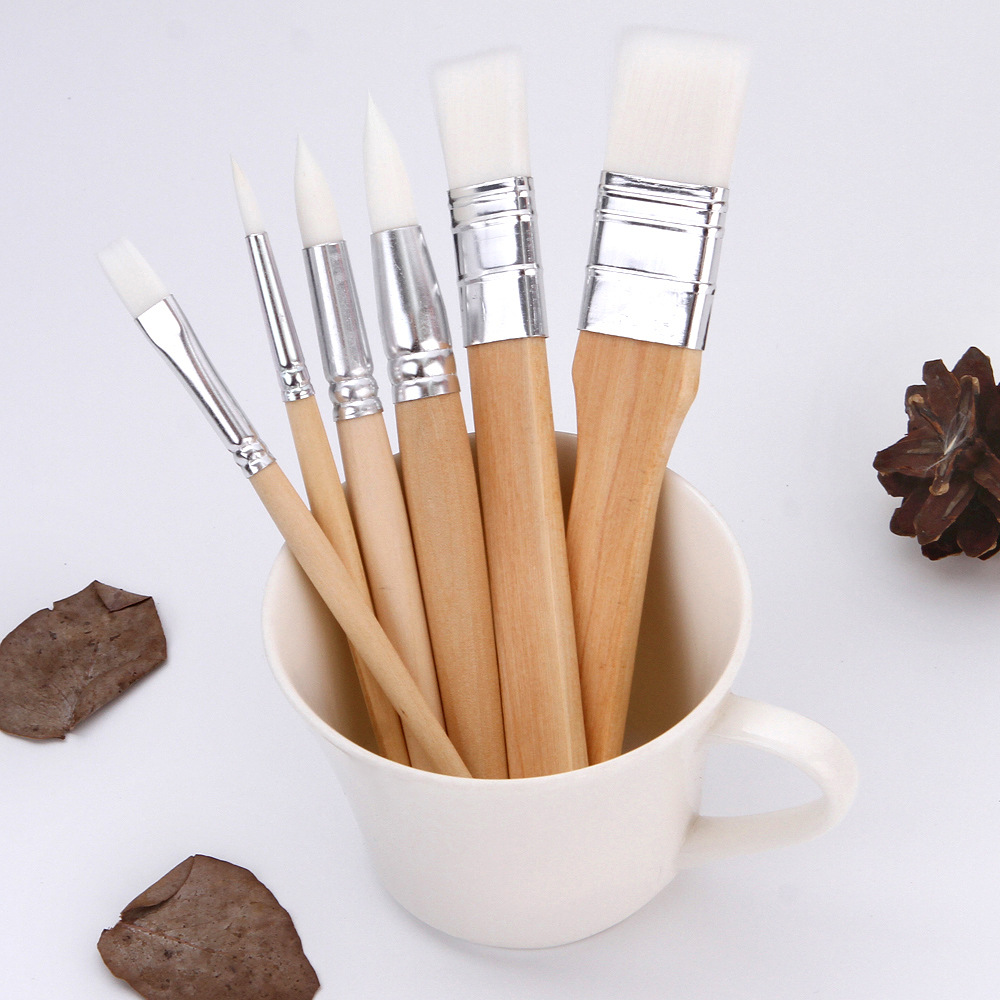 Amazon children's paintbrush 6 white nylon hair short pole paintbrush set log watercolor gouache acrylic