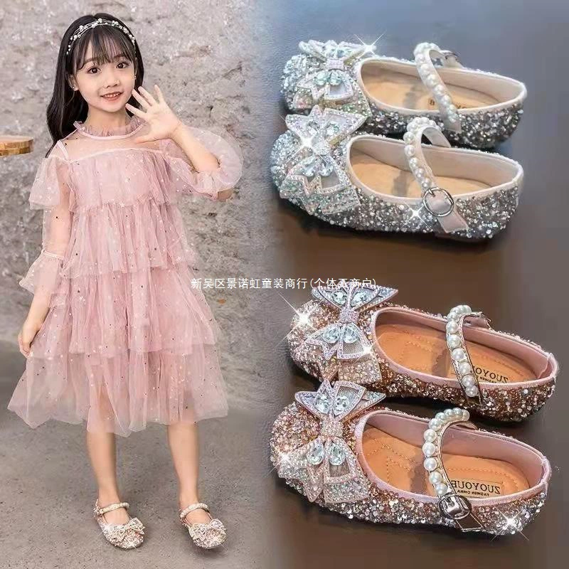 Туфли принцессы для девочек, танцевальная мягкая подошва, весна и лето 2023, новая детская обувь, весенние туфли с кристаллами, маленькие кожаные туфли, весна и осень
