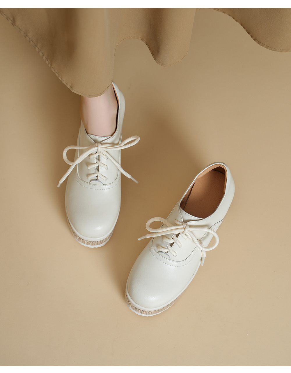 Giày loafer nữ đế xuồng platform da thật buộc dây, gót cao 9 cm — màu đen, màu trắng ngà chi tiết 5