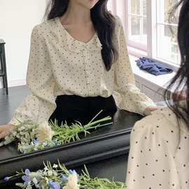 新品 韩国chic 小众波点边圆领缎面衬衣上衣