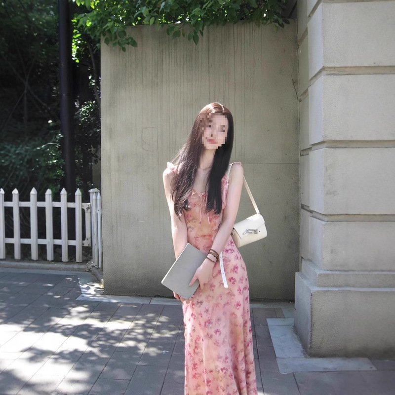 Sweet Pink Floral Sling Women's Summer 2025 New French Style High-end dress Dress for Little Women