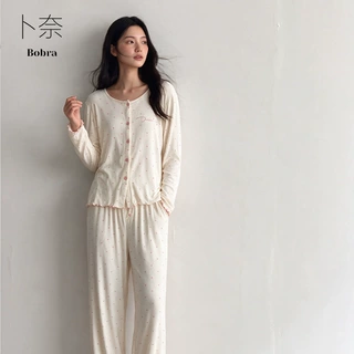 睡衣女秋季米白波点开衫两件套长袖长裤木耳边甜美清新家居服套装