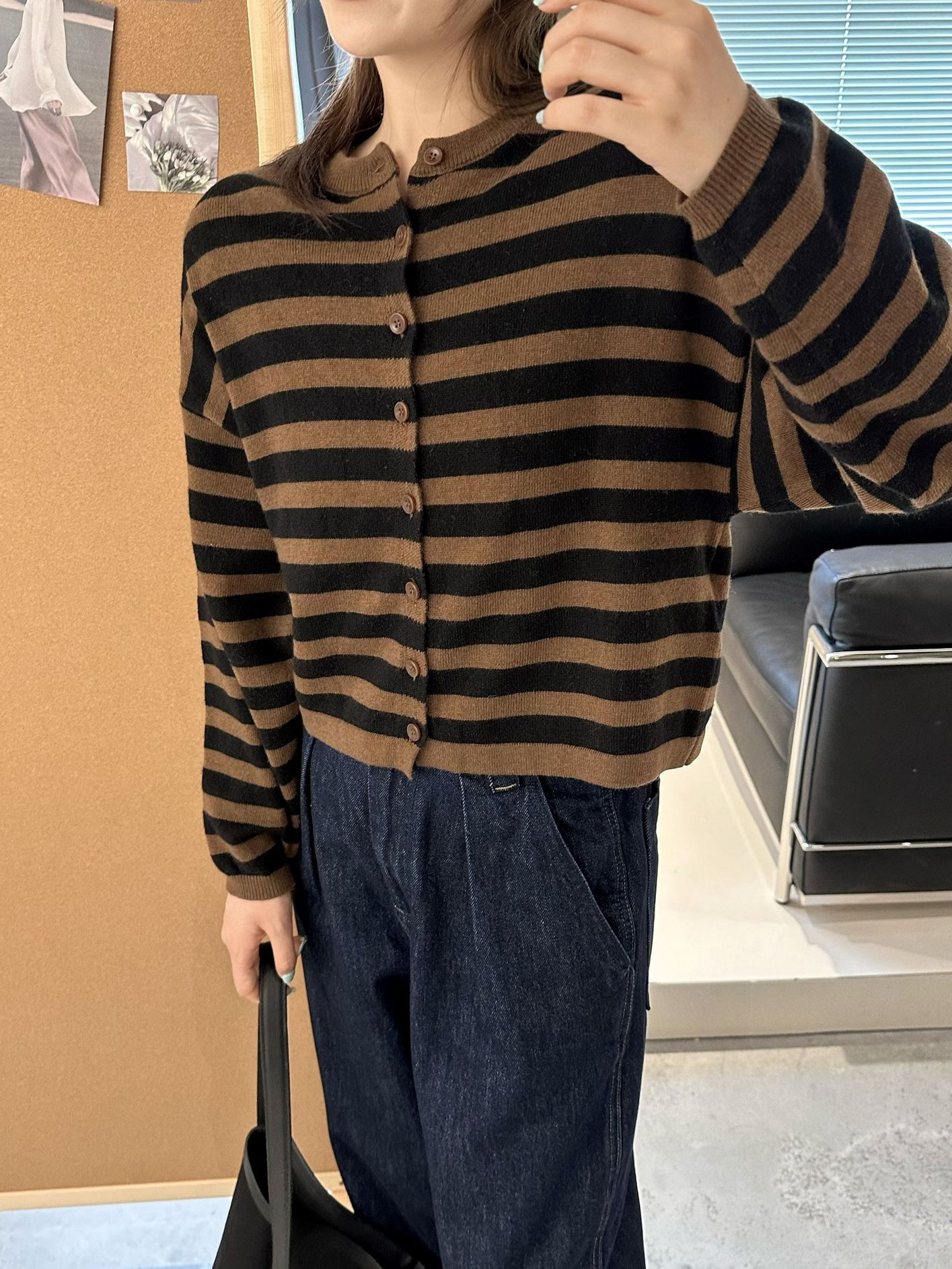 Niche brand merino wool nutty black coffee round neck cardigan…
