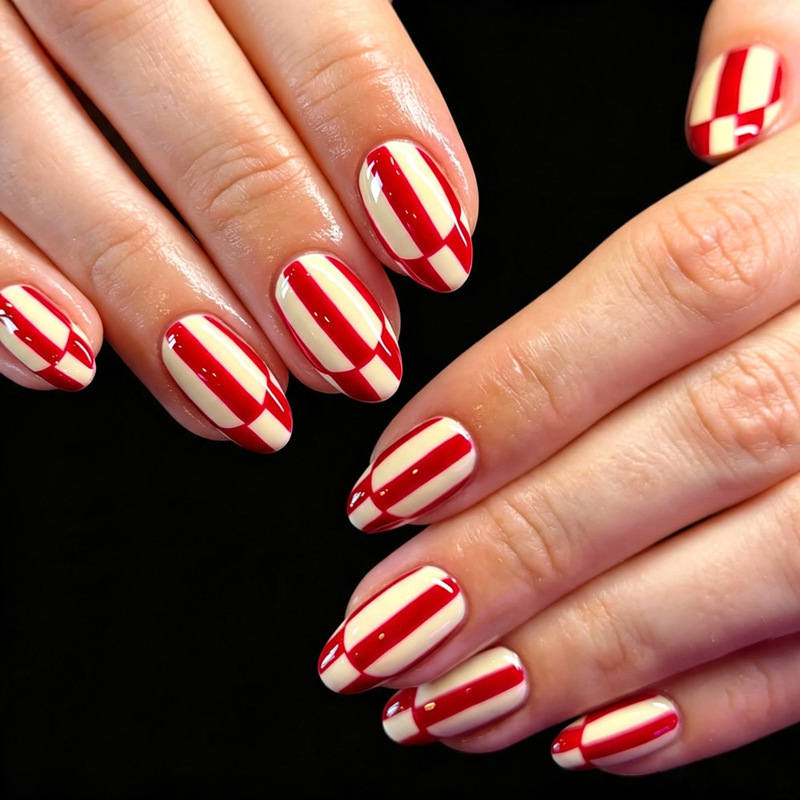 Red striped checkerboard press-on nails, beige almond manicure, foreign trade fake nail patches, cross-border supply fake nails Red striped checkerboard press-on nails, beige almond manicure, foreign trade fake nail patches, cross-border supply fake nails