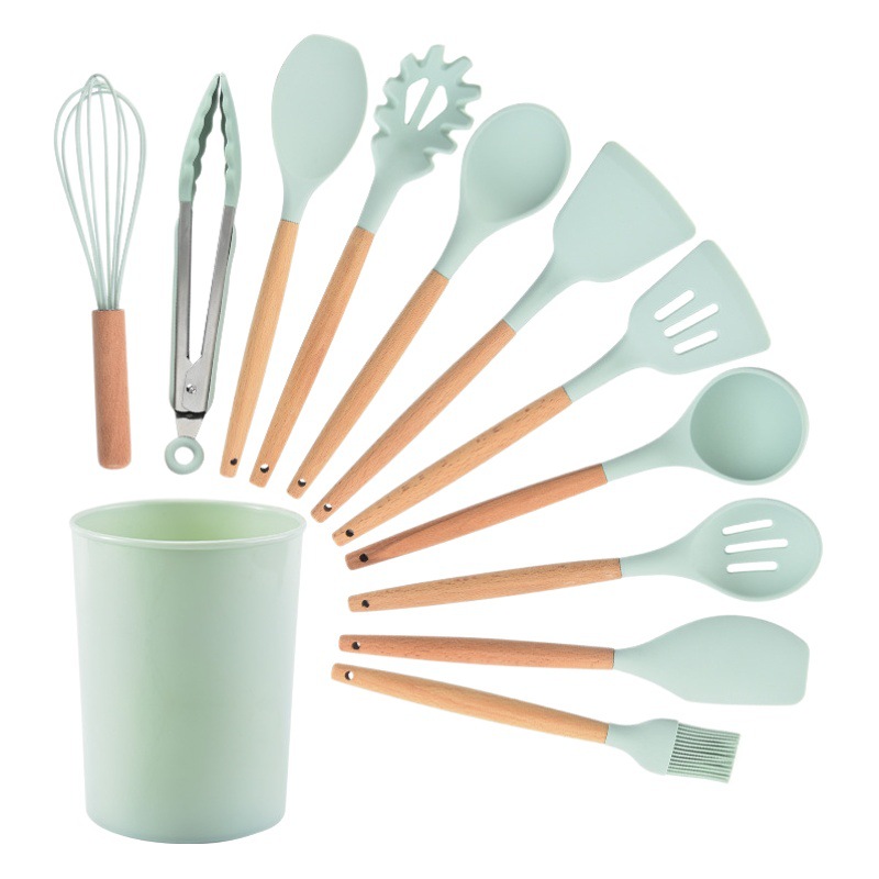 Cocina antiadherente olla de almacenamiento Cubo de silicona utensilios de cocina traje de 12 piezas conjunto mango de madera utensilios de cocina de silicona olla pala cuchara utensilios de cocina