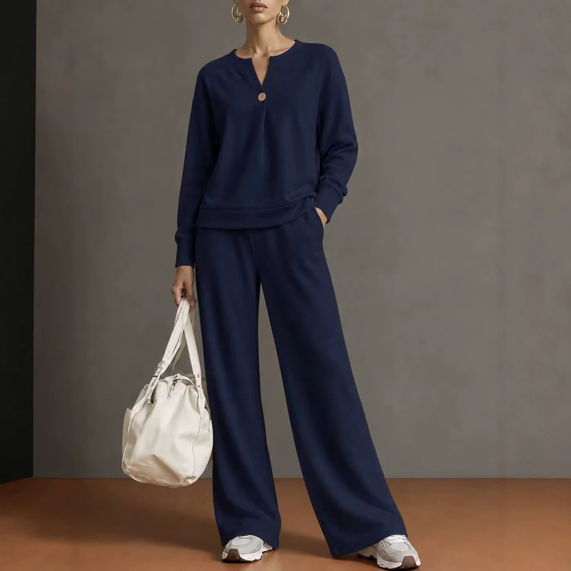 2026 Autumn and Winter New Cross-Border European and American Women's Clothing V-Neck Single-Button Long-Sleeved Sweatshirt Wide-Leg Pants Loose Casual Two-Piece Set 2026 Autumn and Winter New Cross-Border European and American Women's Clothing V-Neck Single-Button Long-Sleeved Sweatshirt Wide-Leg Pants Loose Casual Two-Piece Set