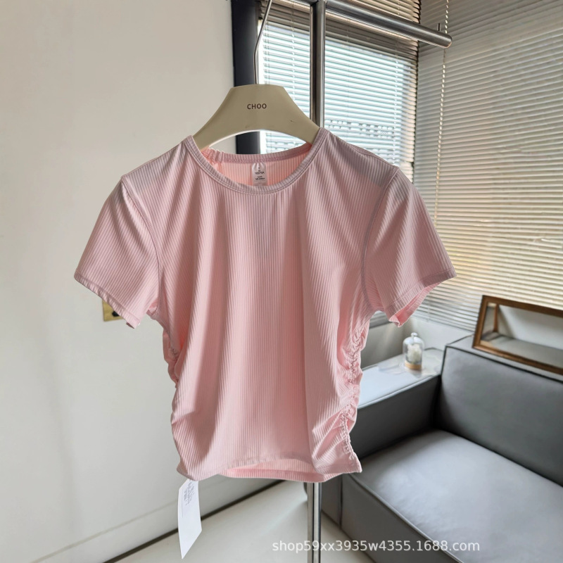 Lulu-Style Yoga Clothing, Fitness Tight-Fitting Outdoor Sports Ribbed Short-Sleeve Women's Quick-Dry Breathable Slimming T-Shirt