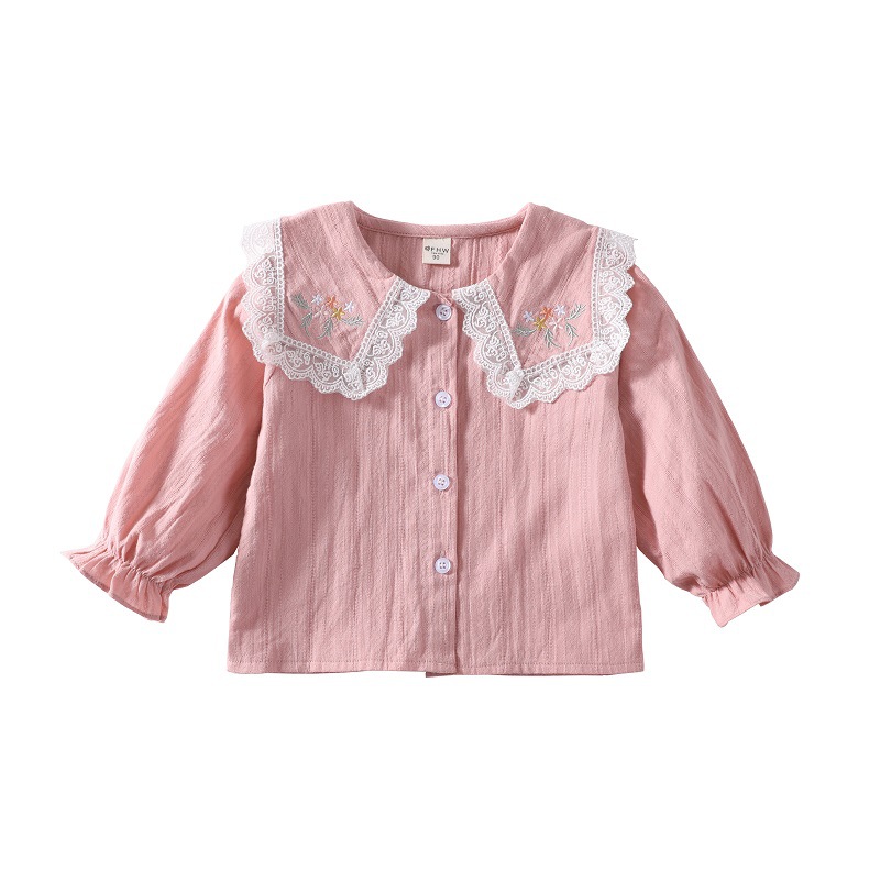 Camisa blanca de las niñas solapa de los niños 2024 nueva camisa bordada de otoño estilo coreano camisa de manga larga estilo occidental de las niñas