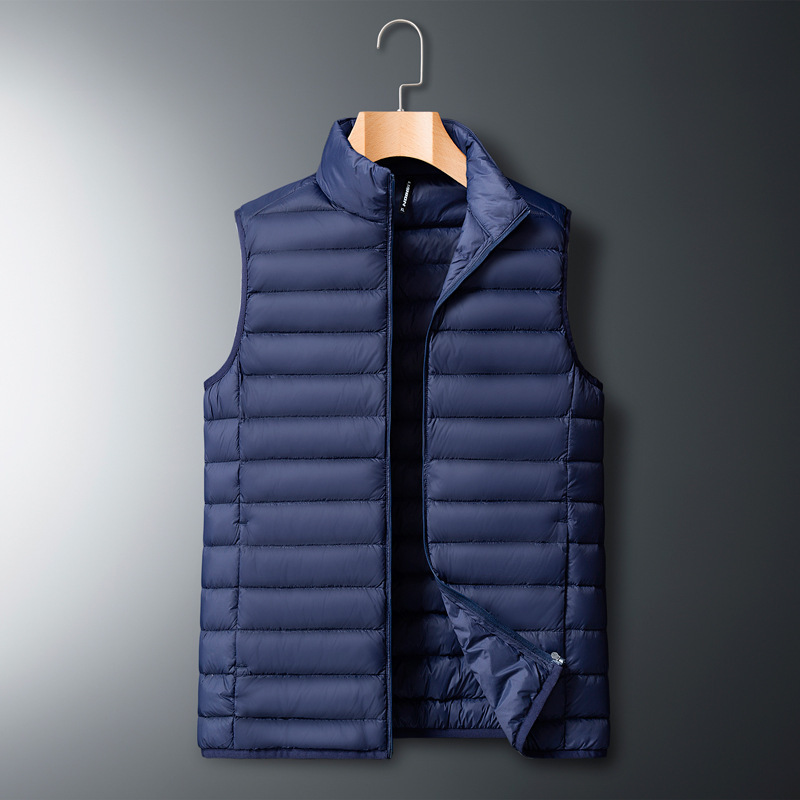 Plus-size men's down vest for autumn and winter, lightweight white duck down warm vest with stand-up collar, men's outerwear