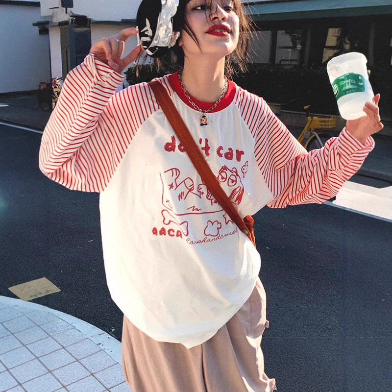 [210g 40 Count Fine Cotton 1*1] American Sweet Retro Raglan Printed Long-Sleeved T-Shirt Women's Early Autumn Top