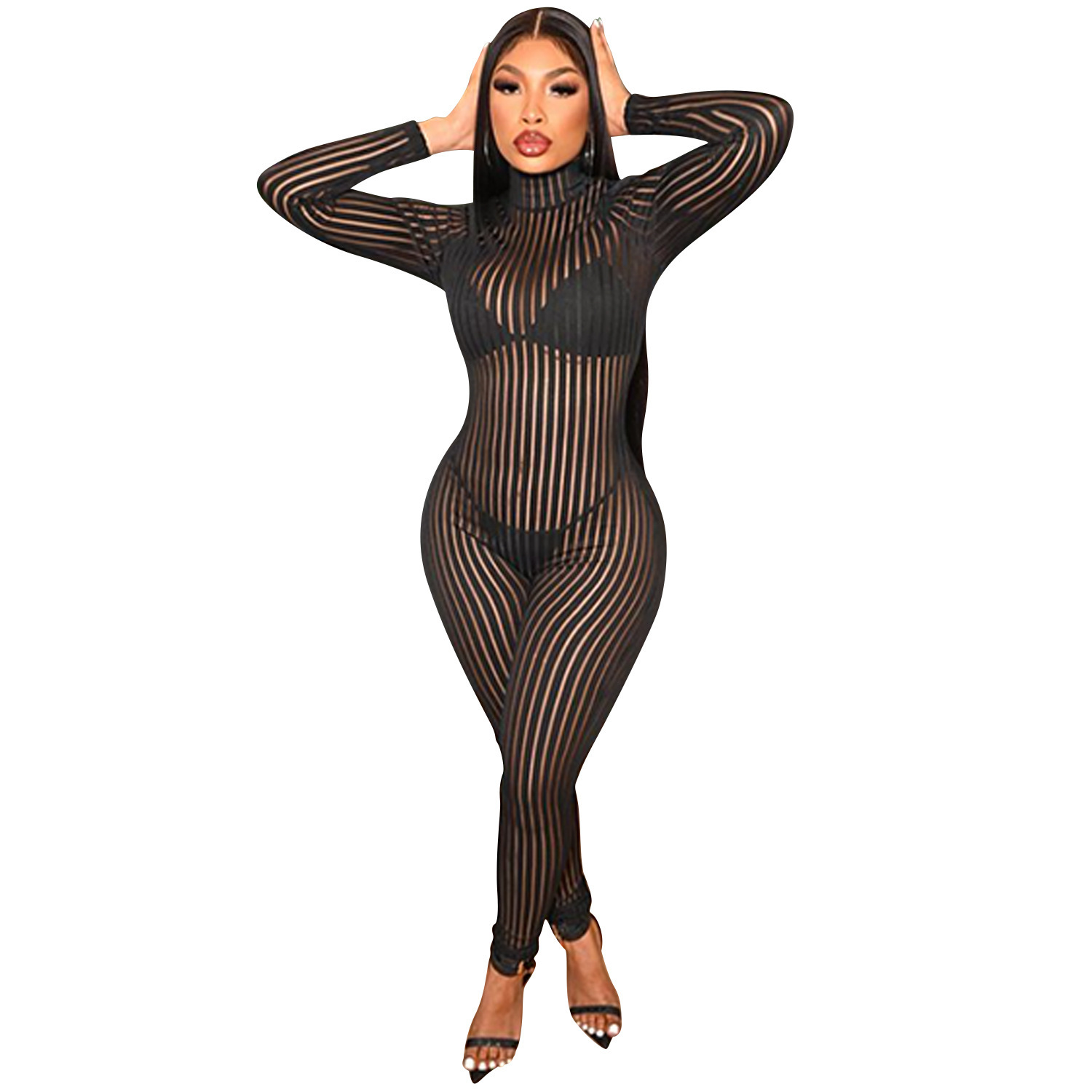 C5345 nuevos productos transfronterizos Aliexpress Amazonas perspectiva sexy ropa de mujer estriada pantalones de manga larga