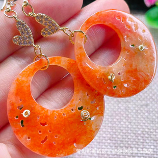 Shake the sound supply wholesale Myanmar natural jadeite earrings A goods gold inlaid red jadeite earrings with certificate
