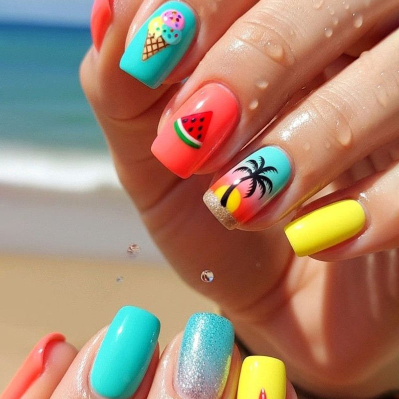 Square-Shaped Summer Fresh-Colored Ice Cream, Watermelon, and Coconut Tree Pattern Decorative Detachable Fake Nails Square-Shaped Summer Fresh-Colored Ice Cream, Watermelon, and Coconut Tree Pattern Decorative Detachable Fake Nails