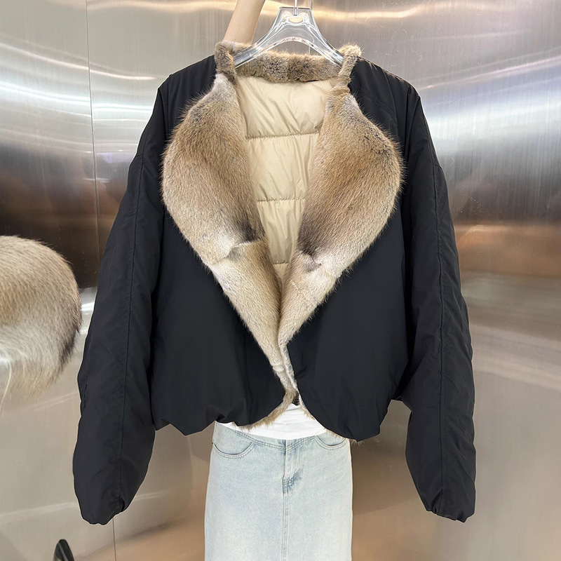 Pay z well Hull contract blogger fashion contrast color spell wool round neck short down parker goose down coat