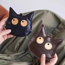 植鞣牛皮质感女士零钱包挂脖包卡通猫耳机硬币迷你超薄小卡包卡片
