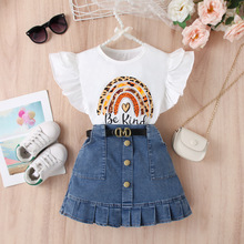 亚马逊跨境童装女童纯色坎肩无袖上衣牛仔开袋百褶短裙套装腰带