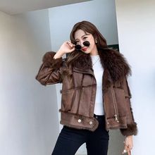 冬季韩版兔毛皮草外套女短款羊羔毛领皮毛一体加厚机车服皮毛一体