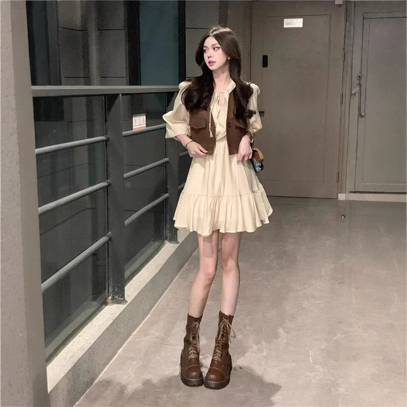 甜辣妹套装小个子收腰连衣裙短裙女装夏季短款无袖背心马甲两件套|undefined