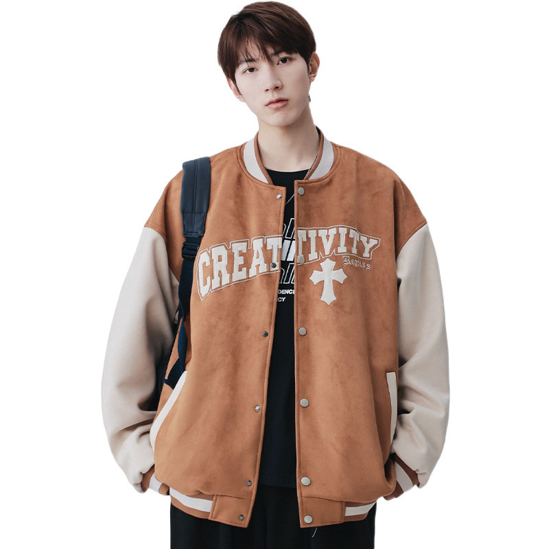 American retro letras bordadas chaqueta de béisbol de pelusa de moda hombre chaqueta de pareja suelta 23002