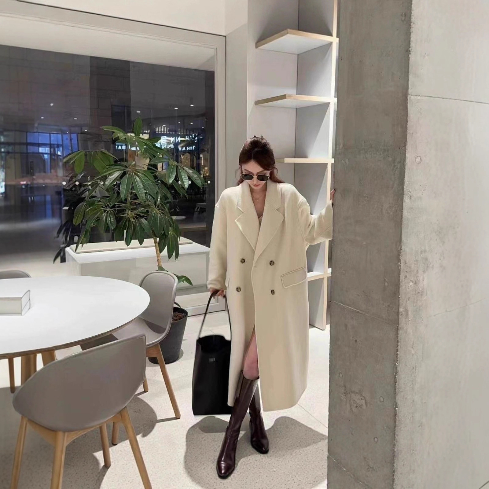 海盐玫瑰韩版简约休闲时尚百搭毛呢外套2025秋冬新款宽松羊毛大衣