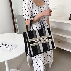 2023新款女包上課通勤大容量條紋字母托特包韓系時尚復古手提包包
