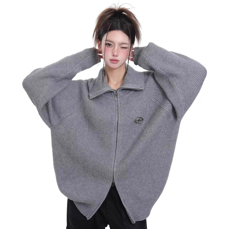 American Heavyweight Gray Double Zipper Polo Lapel Sweater Men's Spring & Fall Style Lazy High-End Knitted Cardigan Jacket American Heavyweight Gray Double Zipper Polo Lapel Sweater Men's Spring & Fall Style Lazy High-End Knitted Cardigan Jacket