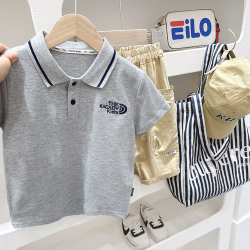 Boys short-sleeved polo shirt lapel T-shirt summer middle and older children's clothing baby half-sleeved style letter top trendy