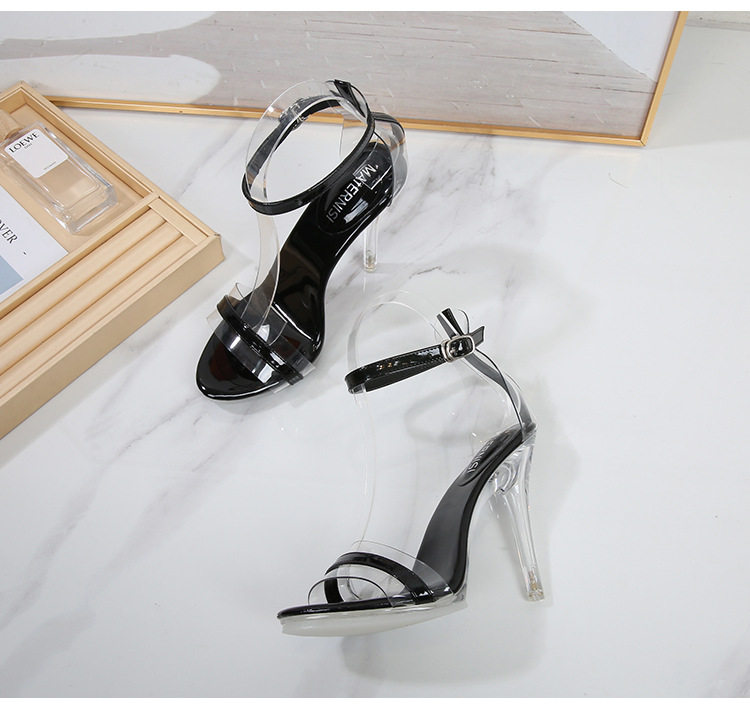 Dép sandal nữ cao gót quai ngang trong suốt đính pha lê, gót nhọn 8–11 cm — Màu bạc, Màu trắng, Màu đen chi tiết 31