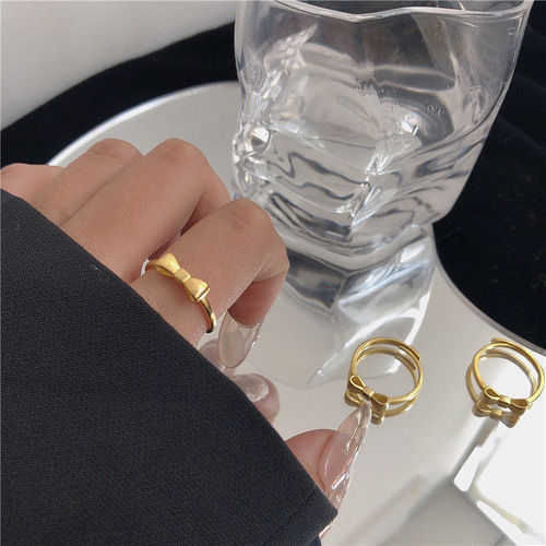 Simple and sweet bow ring~Matt gold high-end daily adjustable ring for women spring new trend