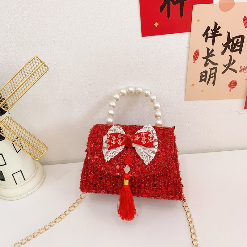 Bagos rojos perfumados para niñas bolsos de hombro con sequillas de perlas, bolsos para niños, bolsos de Año Nuevo para niños